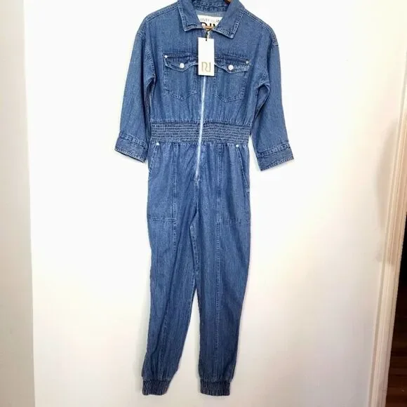 NWT River Island Jumpsuit Blue Denim Smocked Waist Boilersuit Size 8 UK, 6 US - Picture 2 of 12